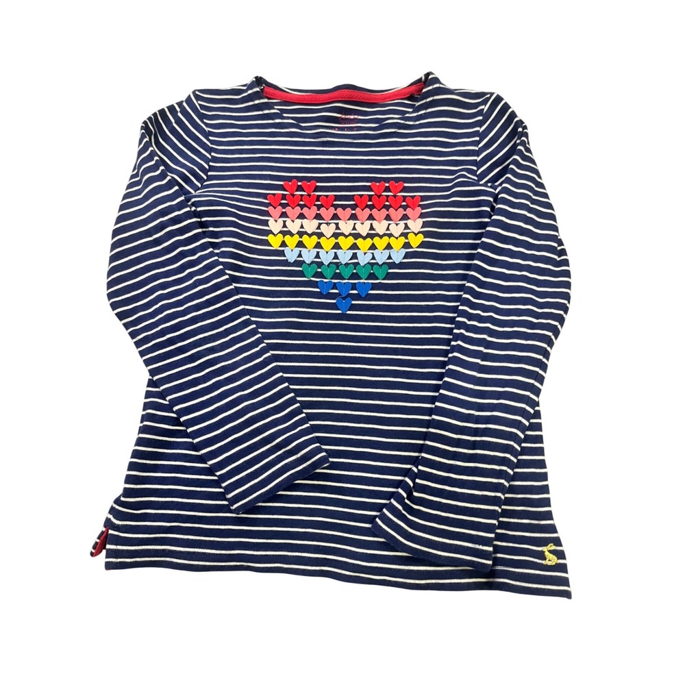 Joules Harbour Luxe Kids Navy White Striped Rainbow Heart Long Sleeve Top 10Y